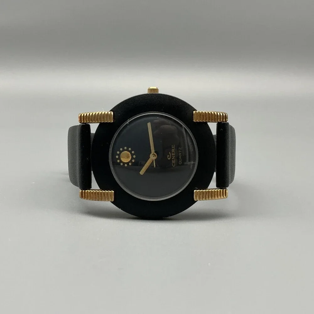 Vintage Cenere Mens Watch 34mm Black Dial Gold Tone Lugs Leather New Battery